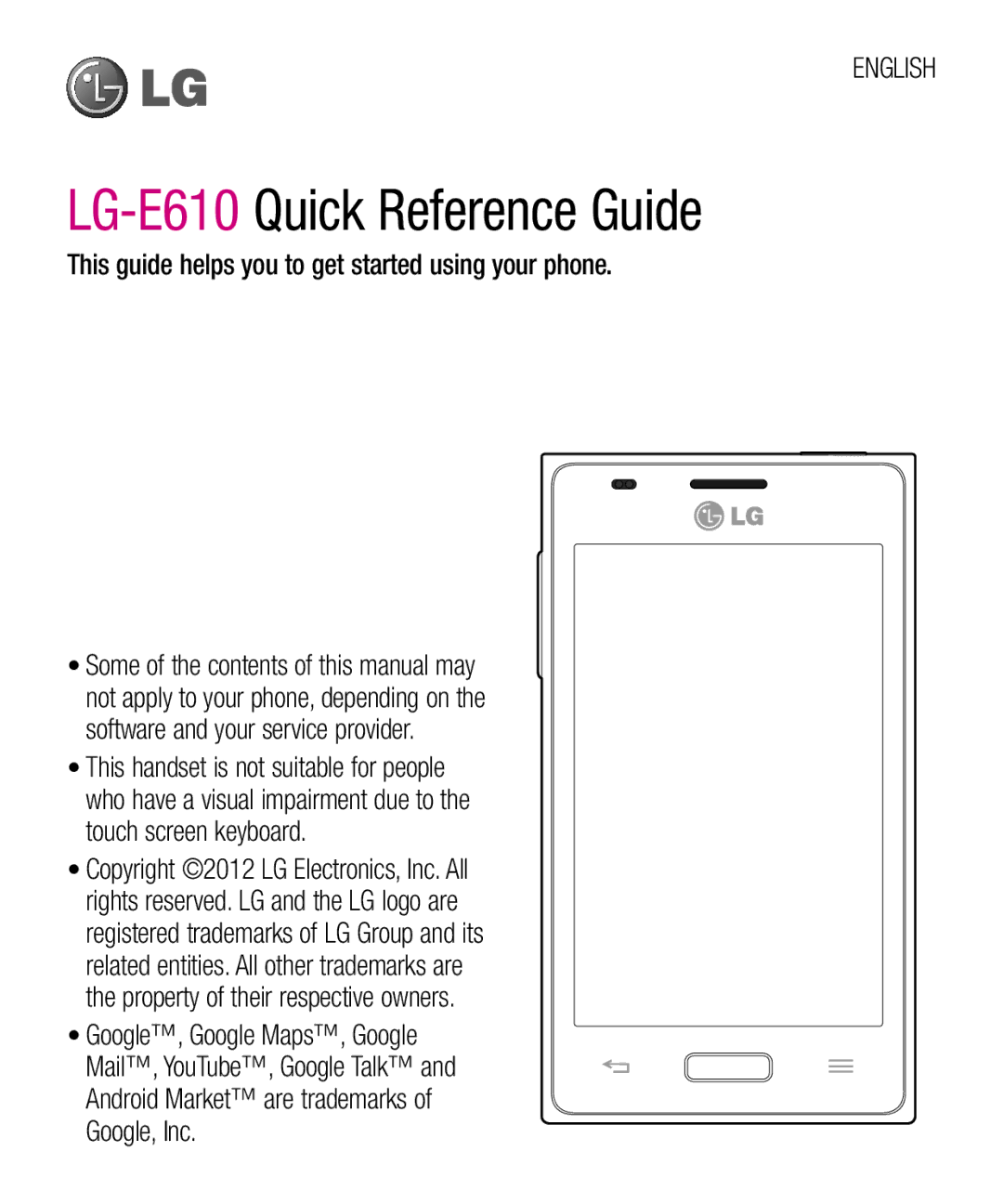 LG Electronics LG-E610 manual English, This guide helps you to get started using your phone 