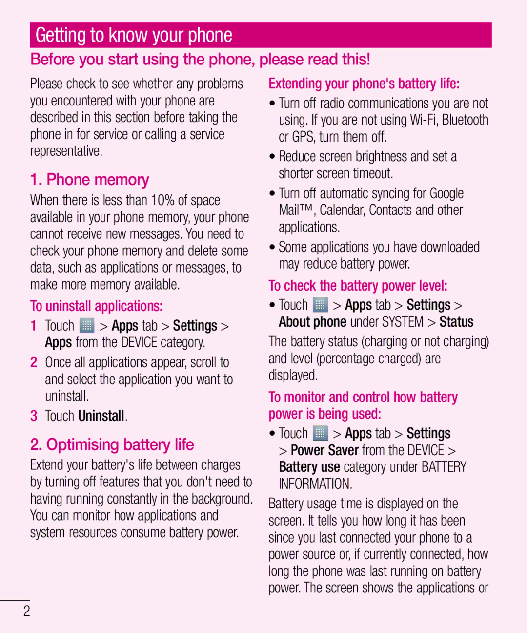 LG Electronics LG-E610 manual Getting to know your phone, Before you start using the phone, please read this, Phone memory 