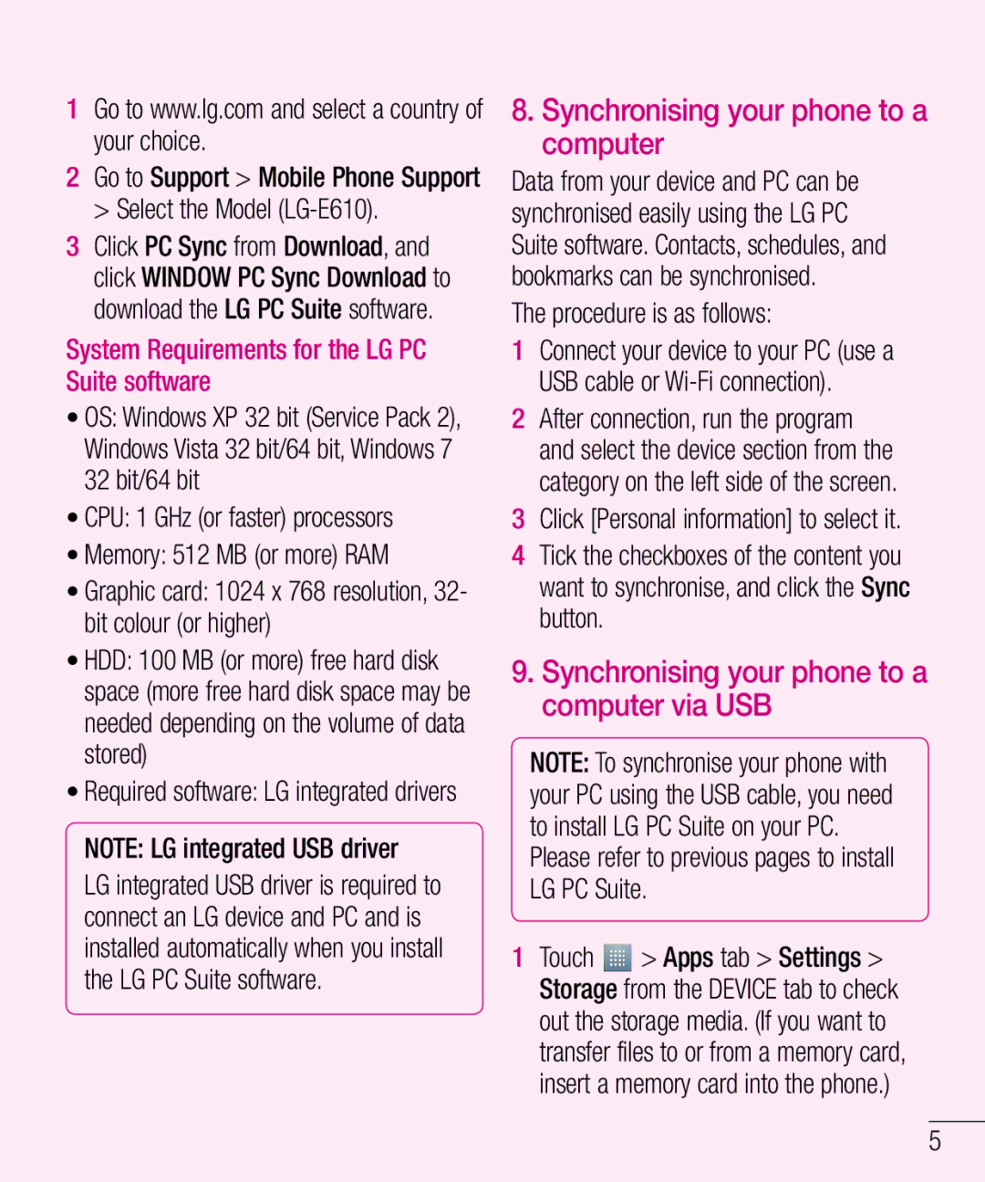 LG Electronics LG-E610 manual Synchronising your phone to a computer via USB 