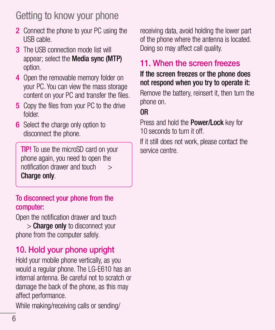 LG Electronics LG-E610 Hold your phone upright, When the screen freezes, Copy the files from your PC to the drive folder 