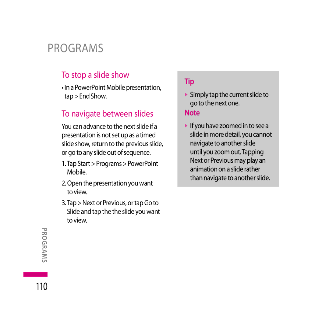 LG Electronics LG KS20 manual 110, To stop a slide show, To navigate between slides 