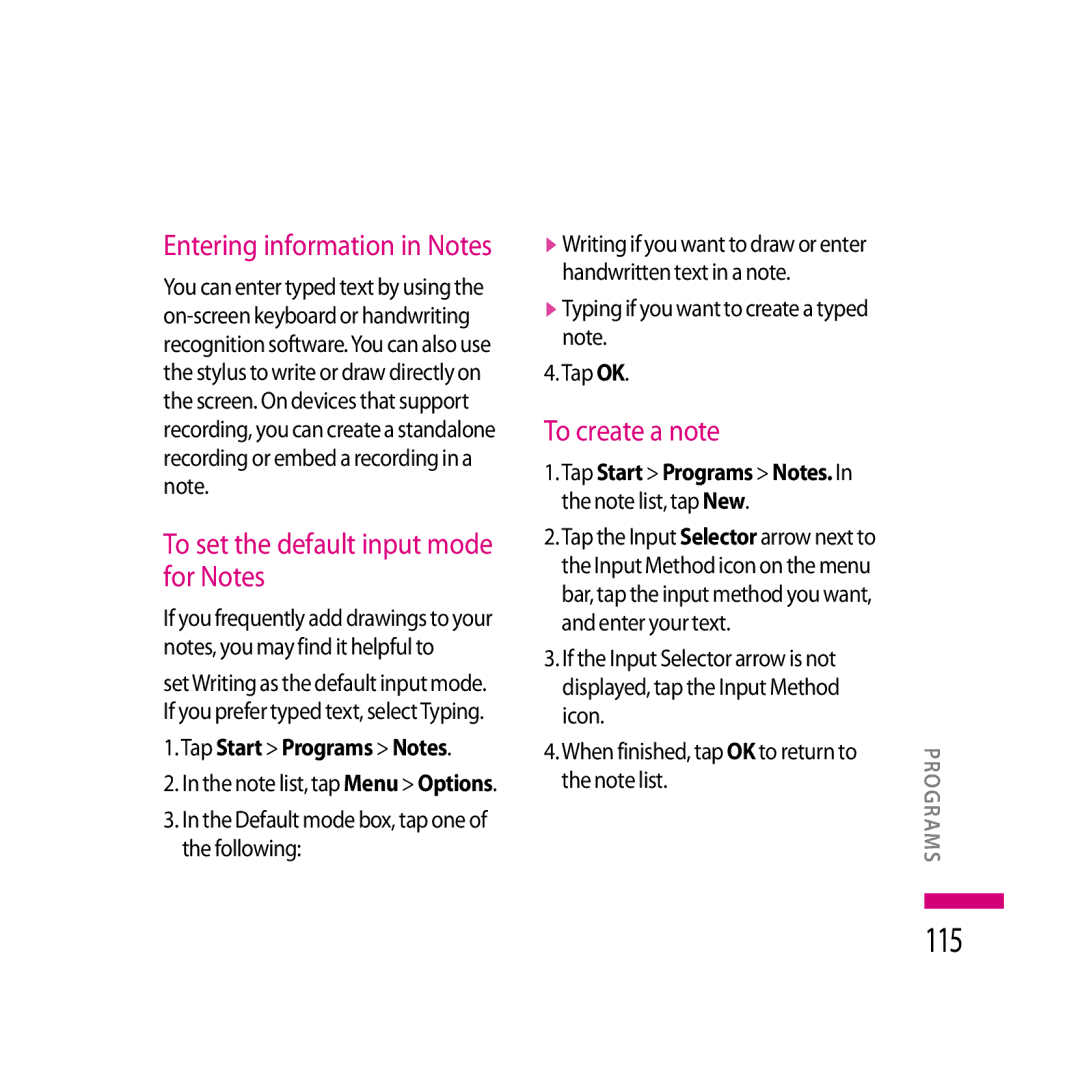 LG Electronics LG KS20 manual 115, Entering information in Notes, To set the default input mode for Notes, To create a note 