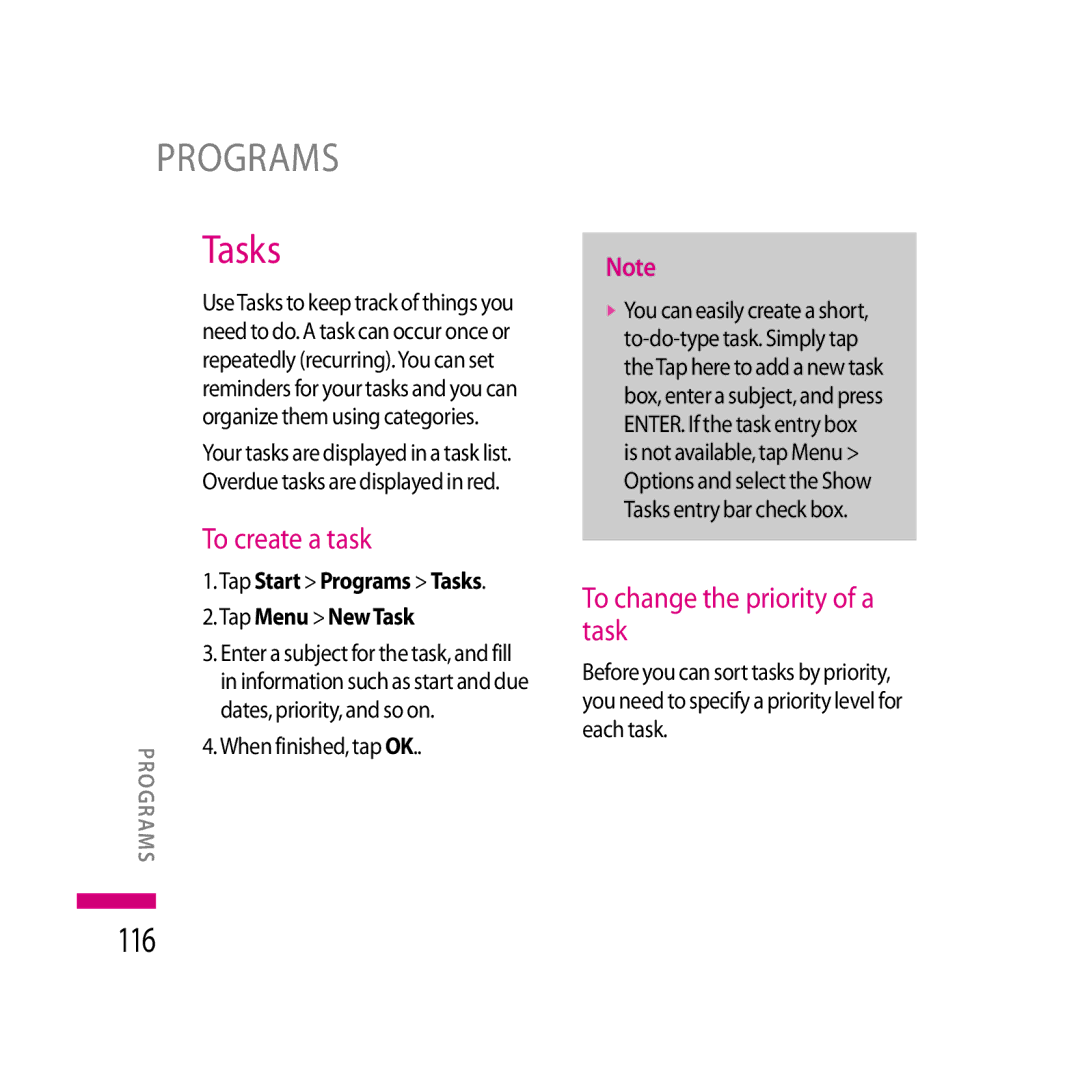 LG Electronics LG KS20 manual Tasks, 116, To create a task, To change the priority of a task 