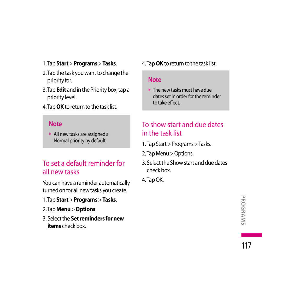 LG Electronics LG KS20 117, To show start and due dates in the task list, To set a default reminder for all new tasks 