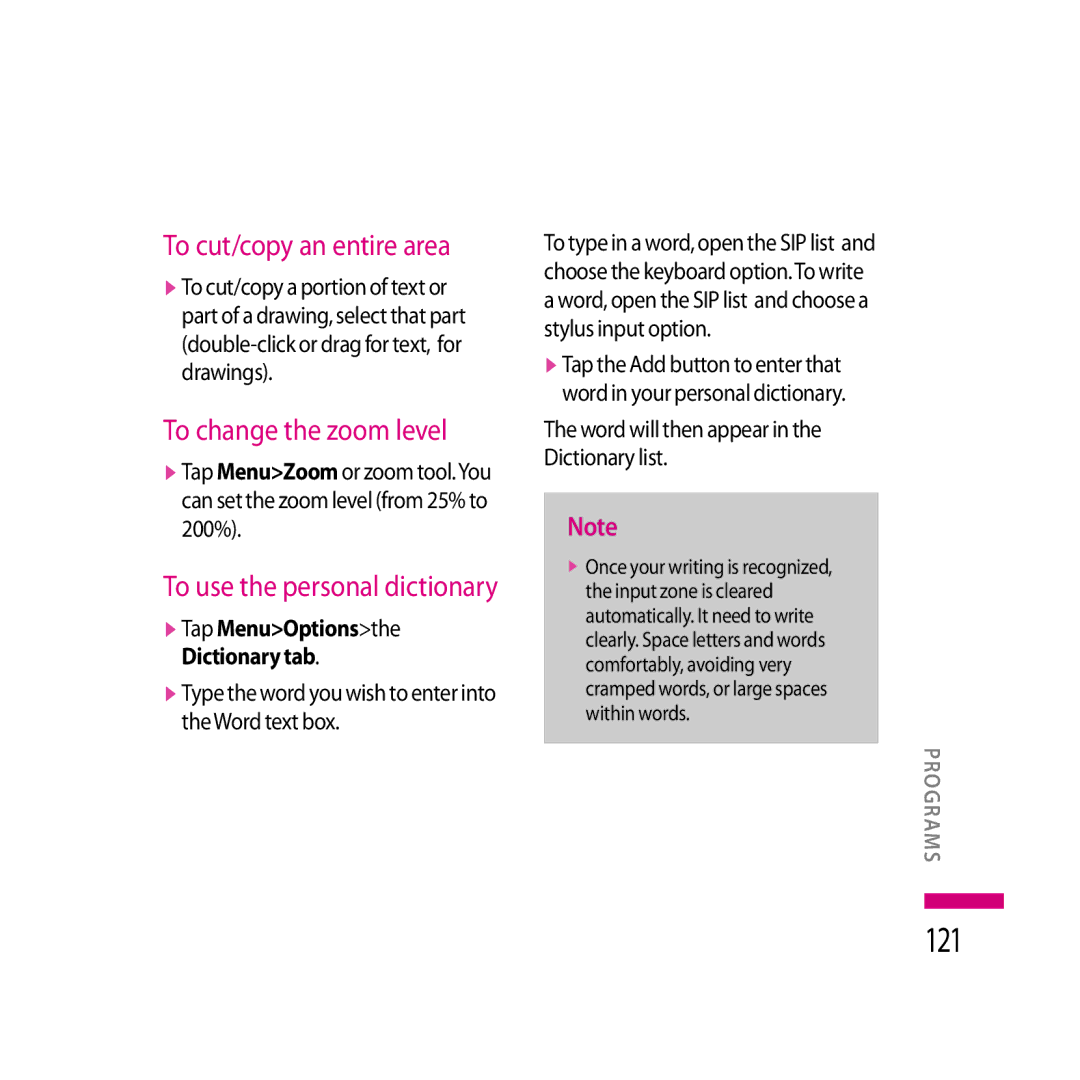 LG Electronics LG KS20 manual 121, To cut/copy an entire area, To change the zoom level, To use the personal dictionary 