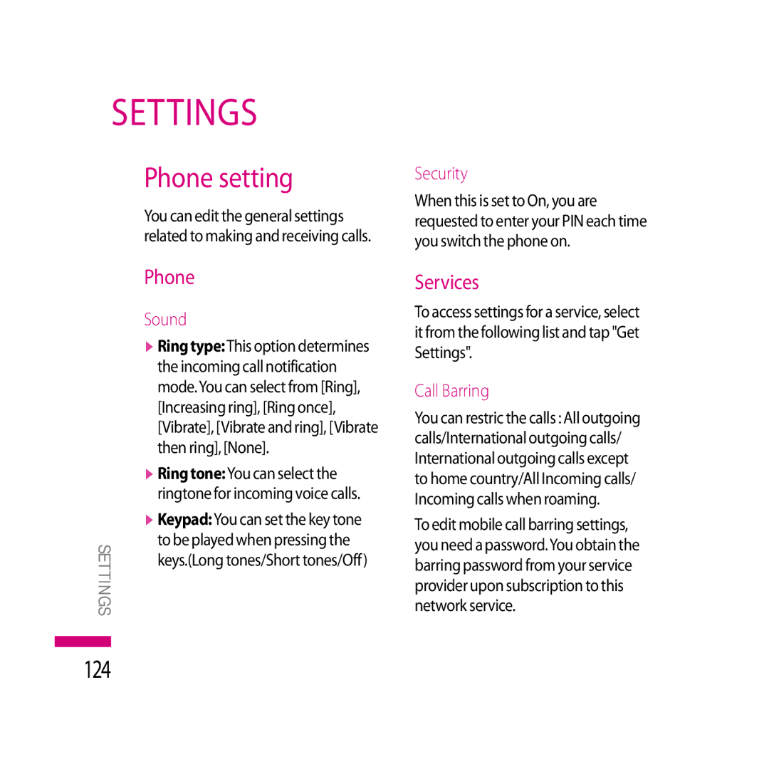 LG Electronics LG KS20 manual Settings, Phone setting, 124, Services 