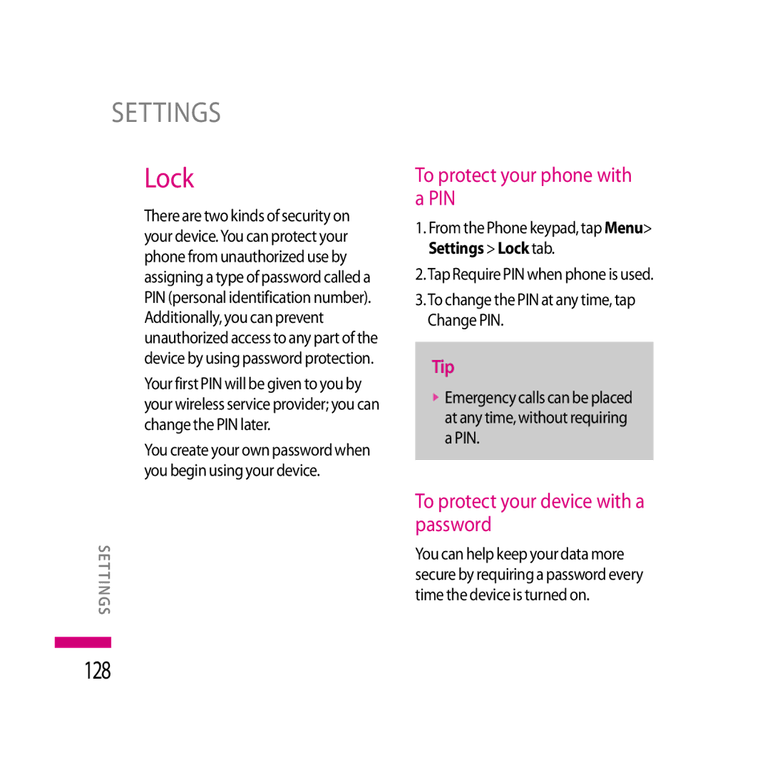 LG Electronics LG KS20 manual Lock, 128, To protect your phone with a PIN, To protect your device with a password 