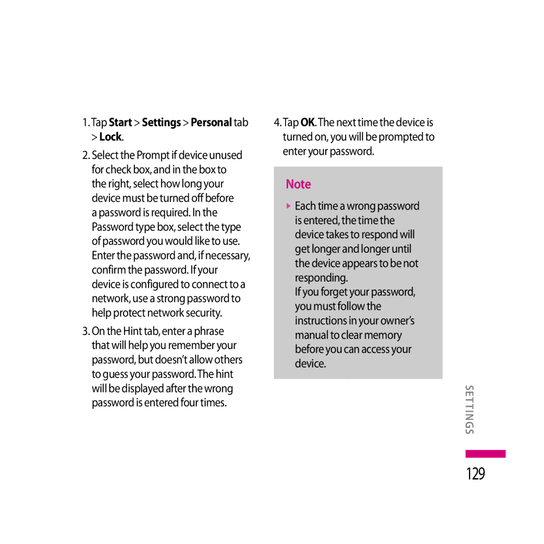 LG Electronics LG KS20 manual 129, Tap Start Settings Personal tab Lock 