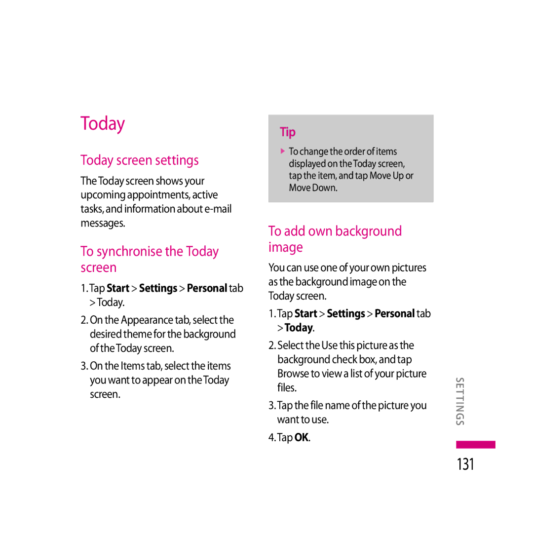 LG Electronics LG KS20 manual 131, Today screen settings, To synchronise the Today screen, To add own background image 