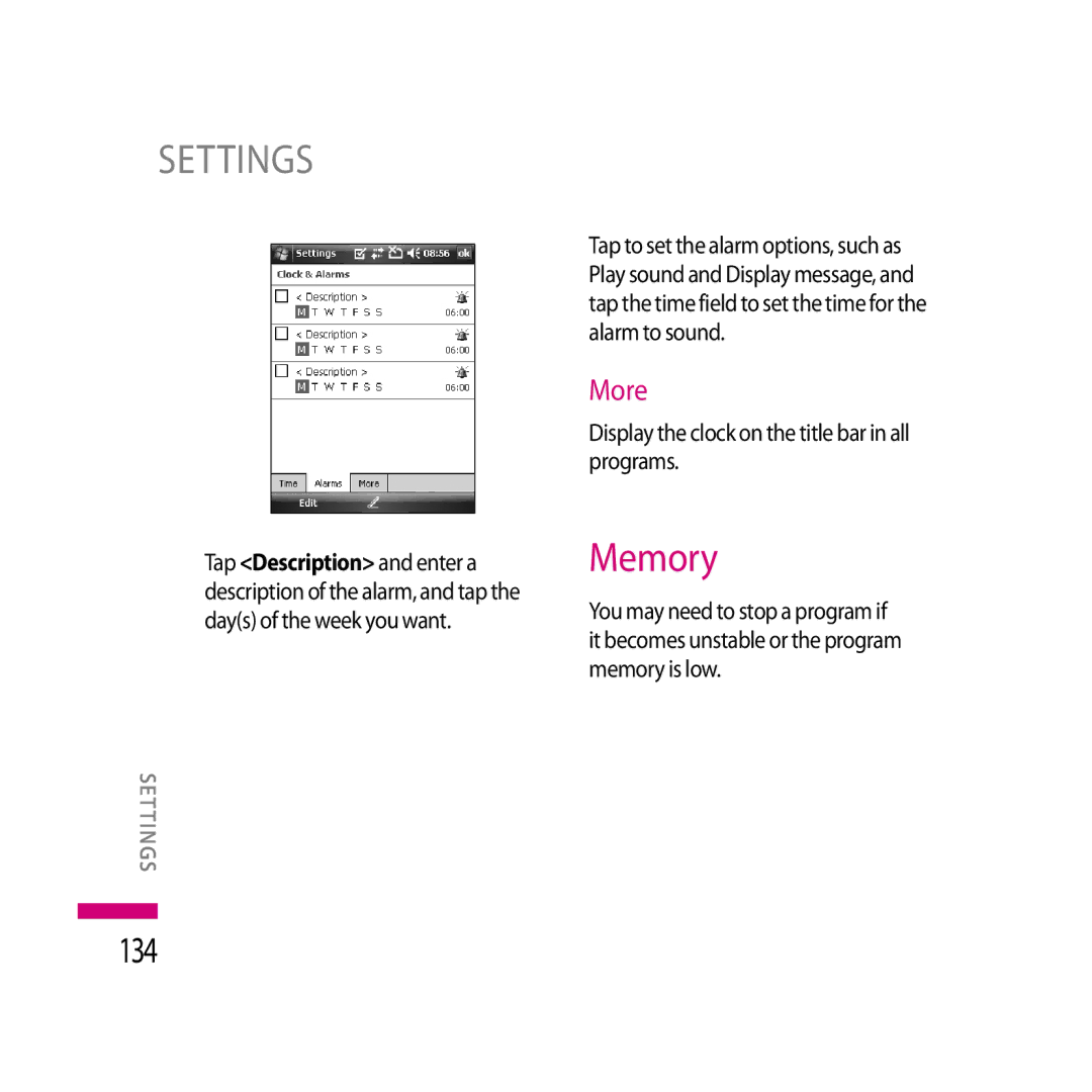 LG Electronics LG KS20 manual Memory, 134, More, Display the clock on the title bar in all programs 