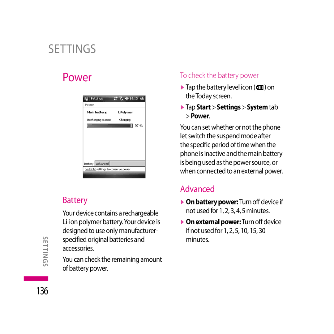 LG Electronics LG KS20 manual Power, 136, Battery, Advanced, To check the battery power 