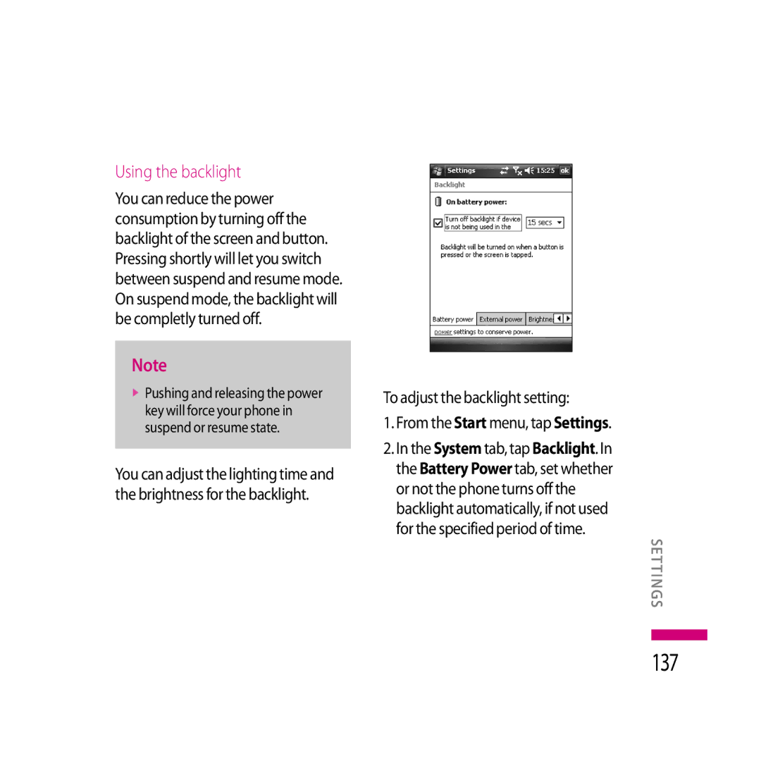 LG Electronics LG KS20 manual 137, Using the backlight 