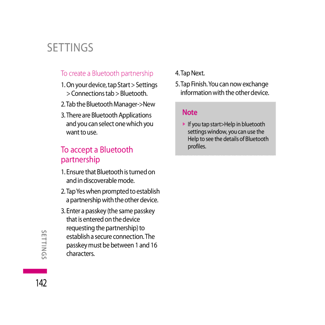 LG Electronics LG KS20 manual 142, To accept a Bluetooth partnership, Discoverable mode, Characters, Tap Next 