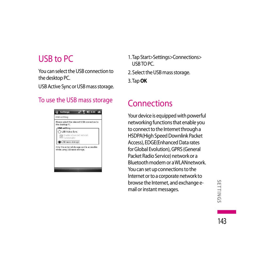 LG Electronics LG KS20 manual USB to PC, Connections, 143, To use the USB mass storage, Select the USB mass storage Tap OK 