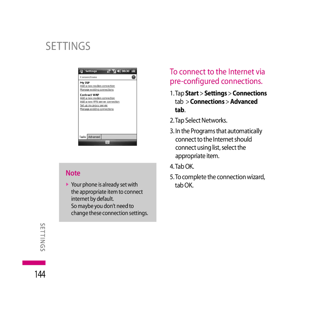 LG Electronics LG KS20 manual 144, Tap Select Networks, Tab OK To complete the connection wizard, tab OK 