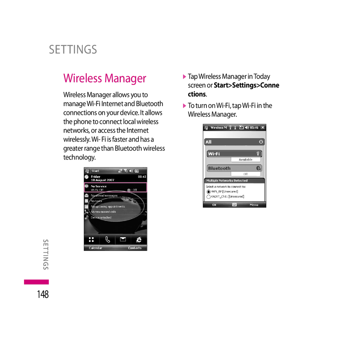 LG Electronics LG KS20 manual 148, VTo turn onWi-Fi, tapWi-Fi in the Wireless Manager 