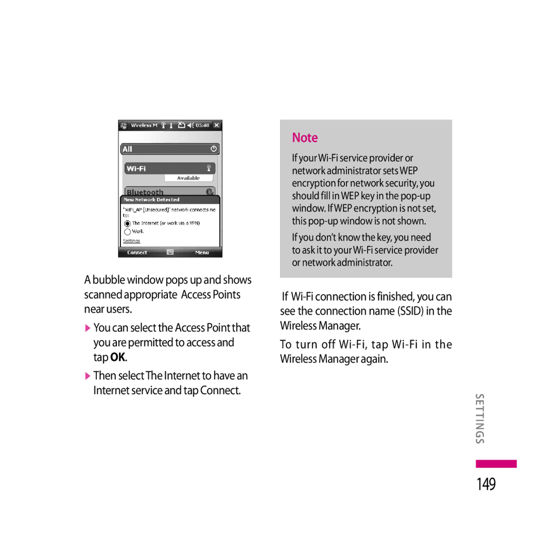 LG Electronics LG KS20 manual 149, To turn off Wi-Fi, tap Wi-Fi in the Wireless Manager again 