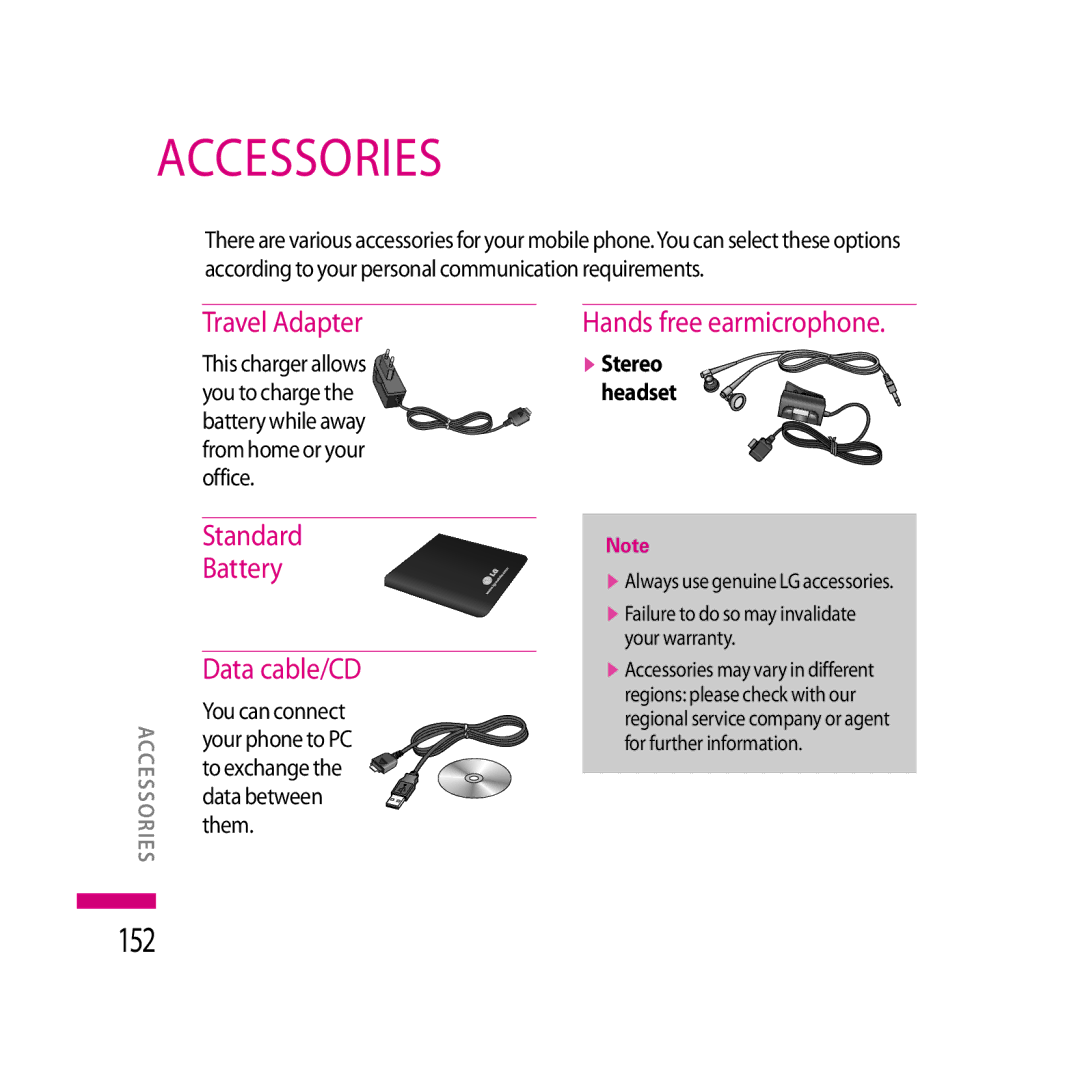 LG Electronics LG KS20 manual Accessories, 152, Travel Adapter, Standard Battery Data cable/CD 