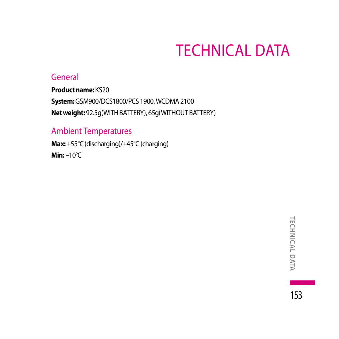 LG Electronics LG KS20 manual Technical data, 153, Ambient Temperatures, Product name KS20, Min -10C 