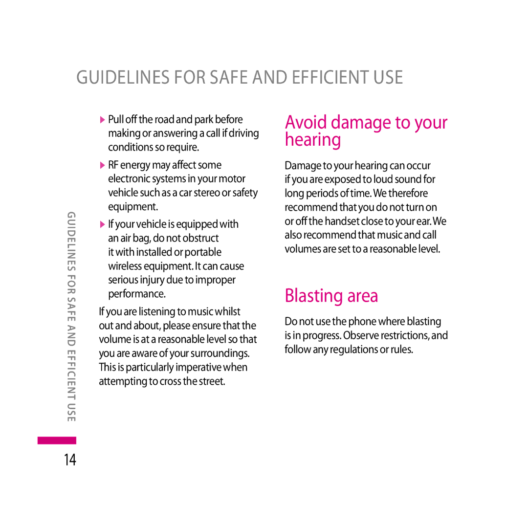 LG Electronics LG KS20 manual Avoid damage to your hearing, Blasting area 