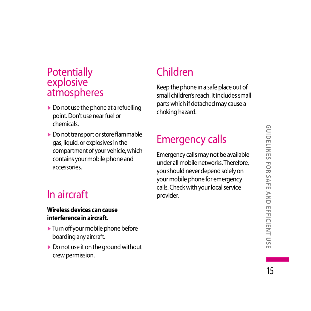 LG Electronics LG KS20 manual Aircraft, Children, Emergency calls, VDo not use it on the ground without crew permission 