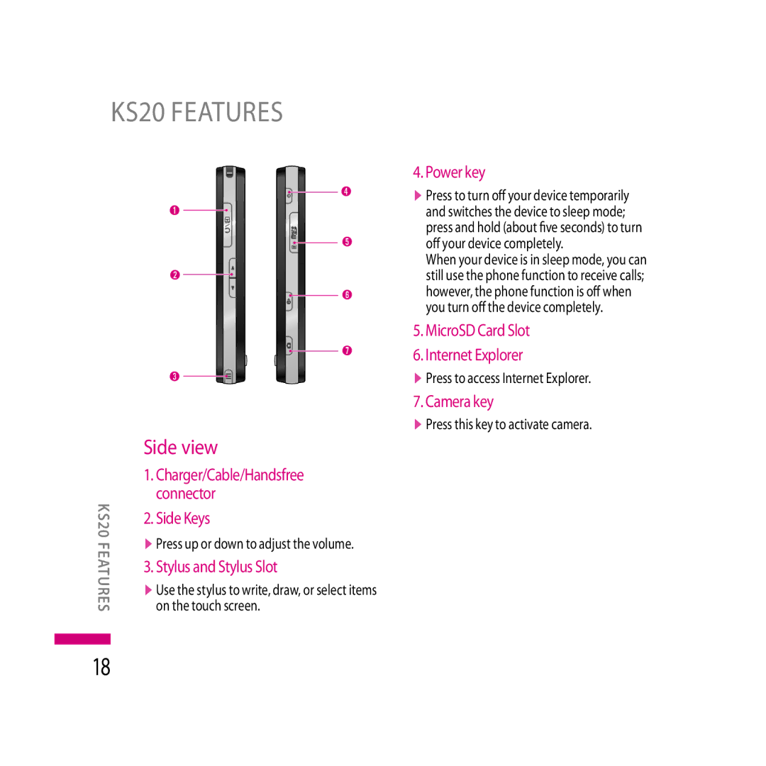 LG Electronics LG KS20 manual Side view, VPress to access Internet Explorer, VPress this key to activate camera 