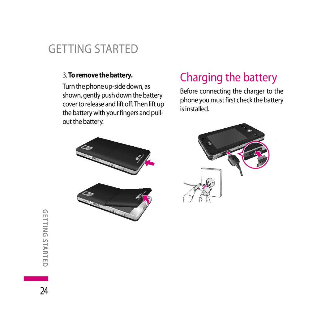 LG Electronics LG KS20 manual Charging the battery, To remove the battery 