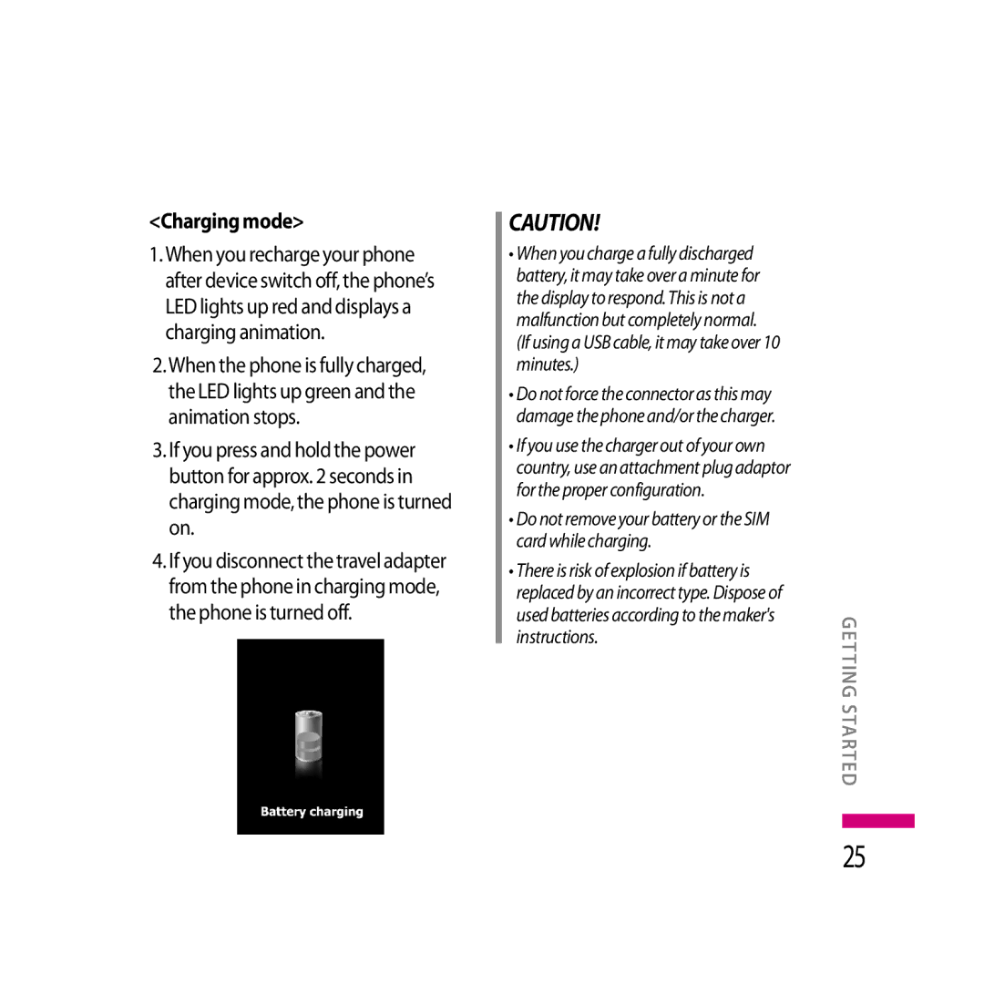 LG Electronics LG KS20 manual Charging mode, If using a USB cable, it may take over 10 minutes 