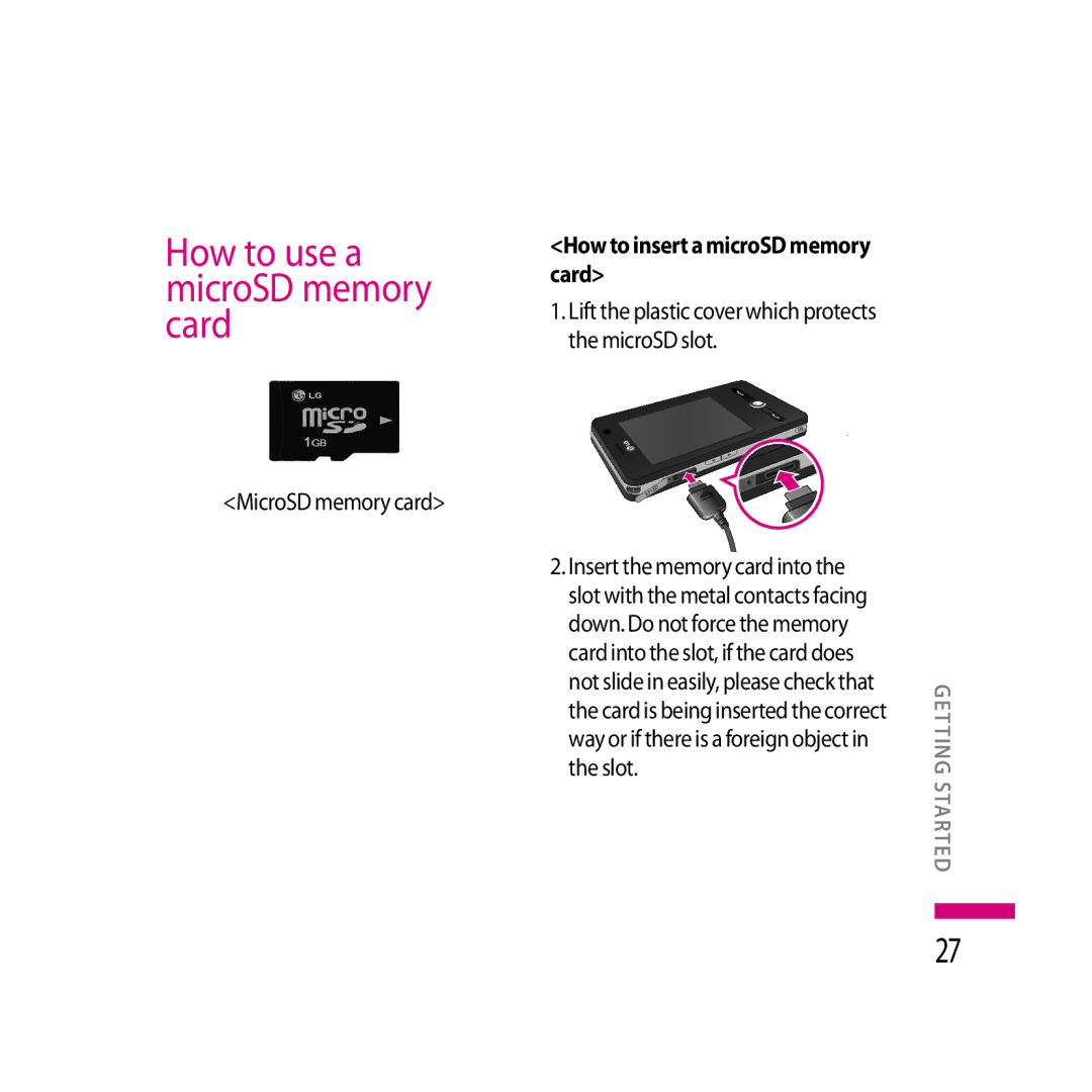 LG Electronics LG KS20 manual How to use a microSD memory card, MicroSD memory card, How to insert a microSD memory card 