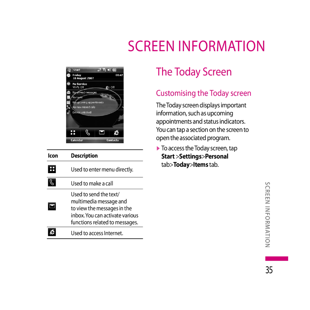 LG Electronics LG KS20 manual Screen information, Today Screen, Customising the Today screen, Used to access Internet 