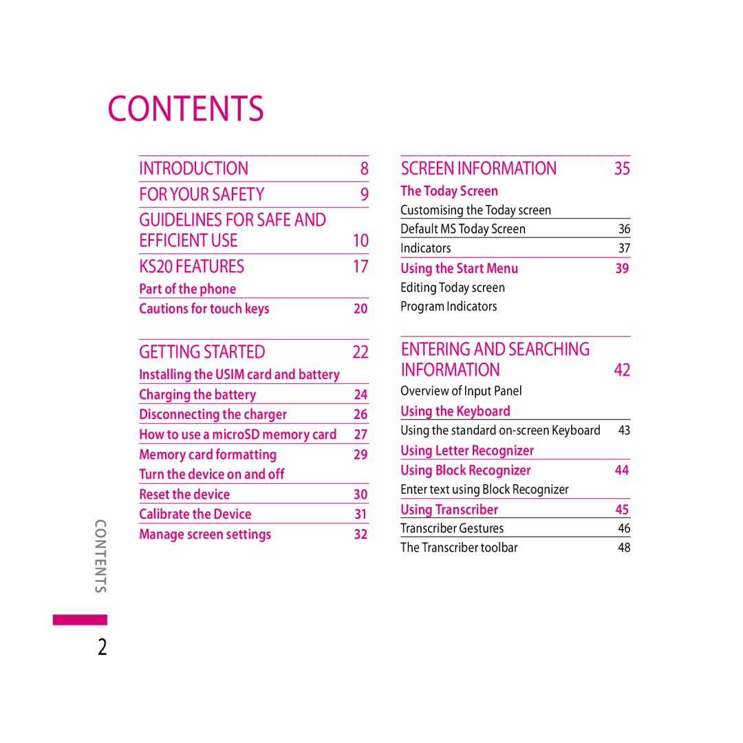 LG Electronics LG KS20 manual Contents 