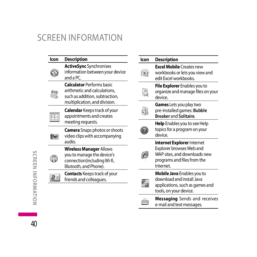 LG Electronics LG KS20 manual Contacts Keeps track of your friends and colleagues 