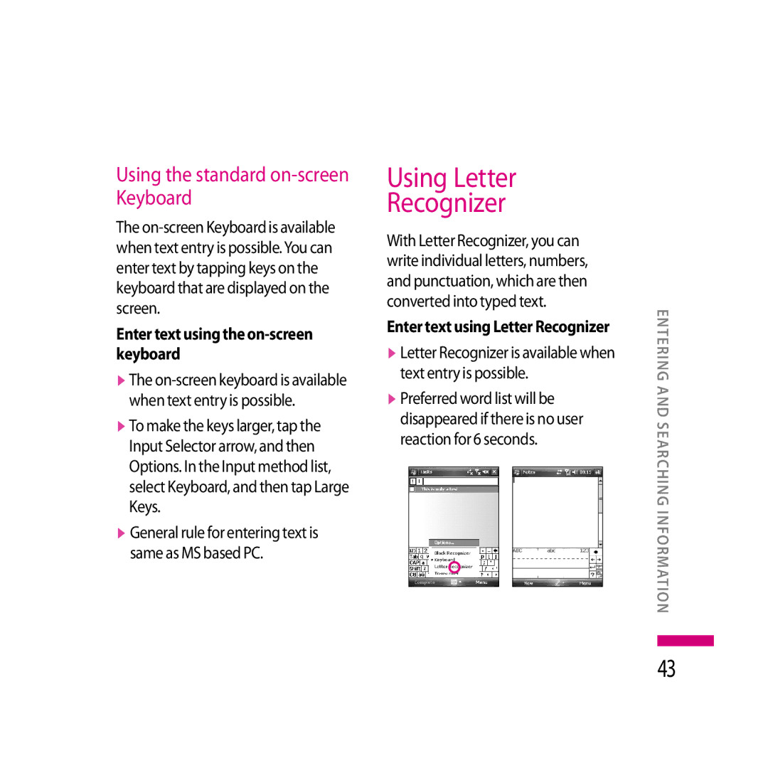 LG Electronics LG KS20 manual Using Letter Recognizer, Using the standard on-screen Keyboard 