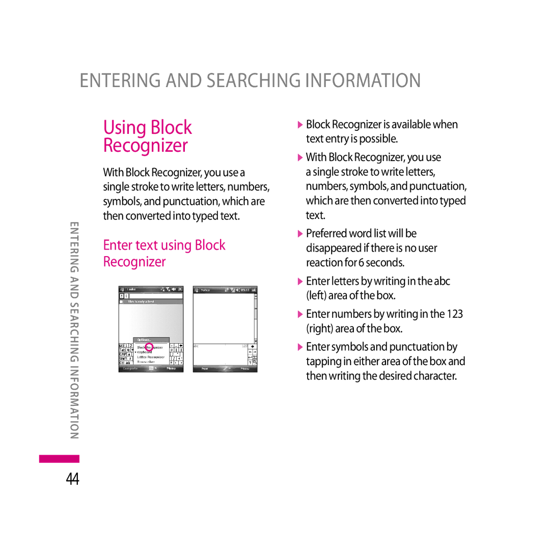 LG Electronics LG KS20 manual Using Block Recognizer, Enter text using Block Recognizer 