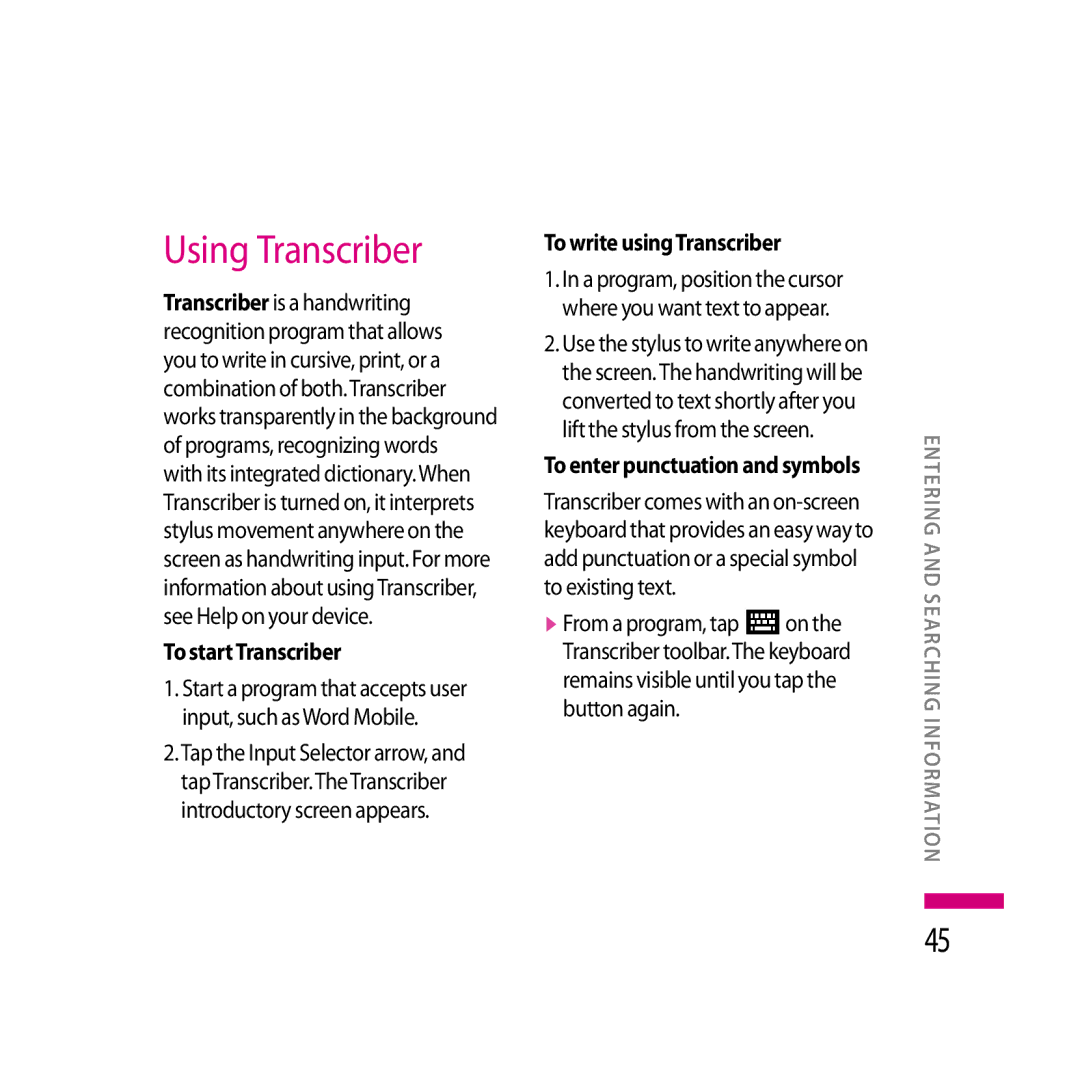 LG Electronics LG KS20 manual Using Transcriber, To startTranscriber, To write usingTranscriber 