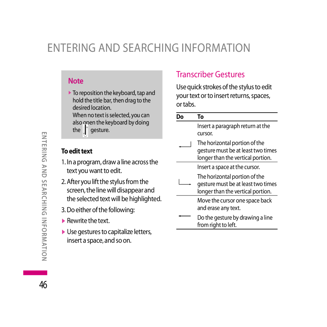 LG Electronics LG KS20 manual Transcriber Gestures, To edit text, Do either of the following VRewrite the text 