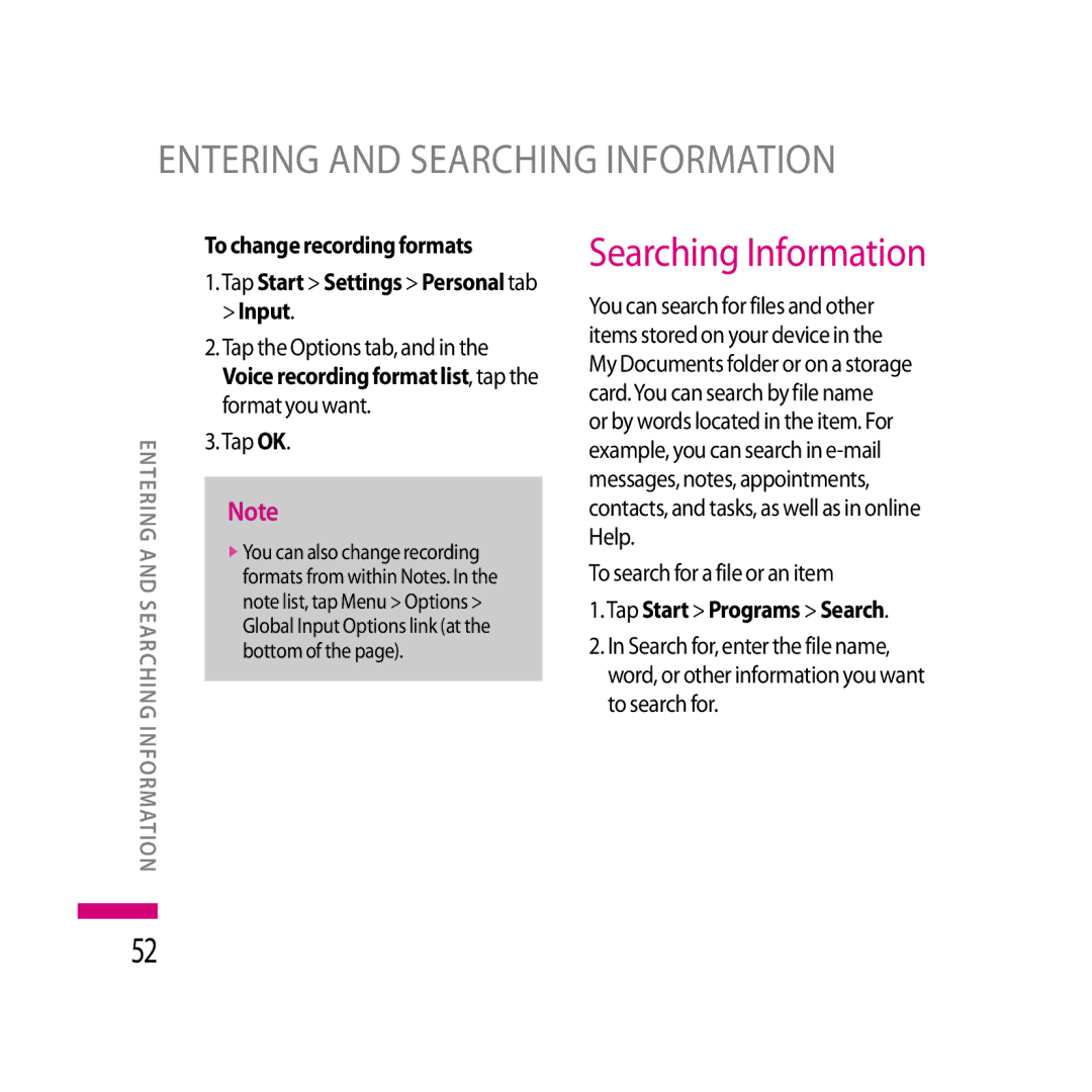 LG Electronics LG KS20 manual Searching Information, To search for a file or an item, Tap Start Programs Search 