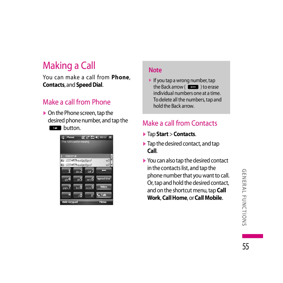 LG Electronics LG KS20 manual Making a Call, Make a call from Phone, Make a call from Contacts 