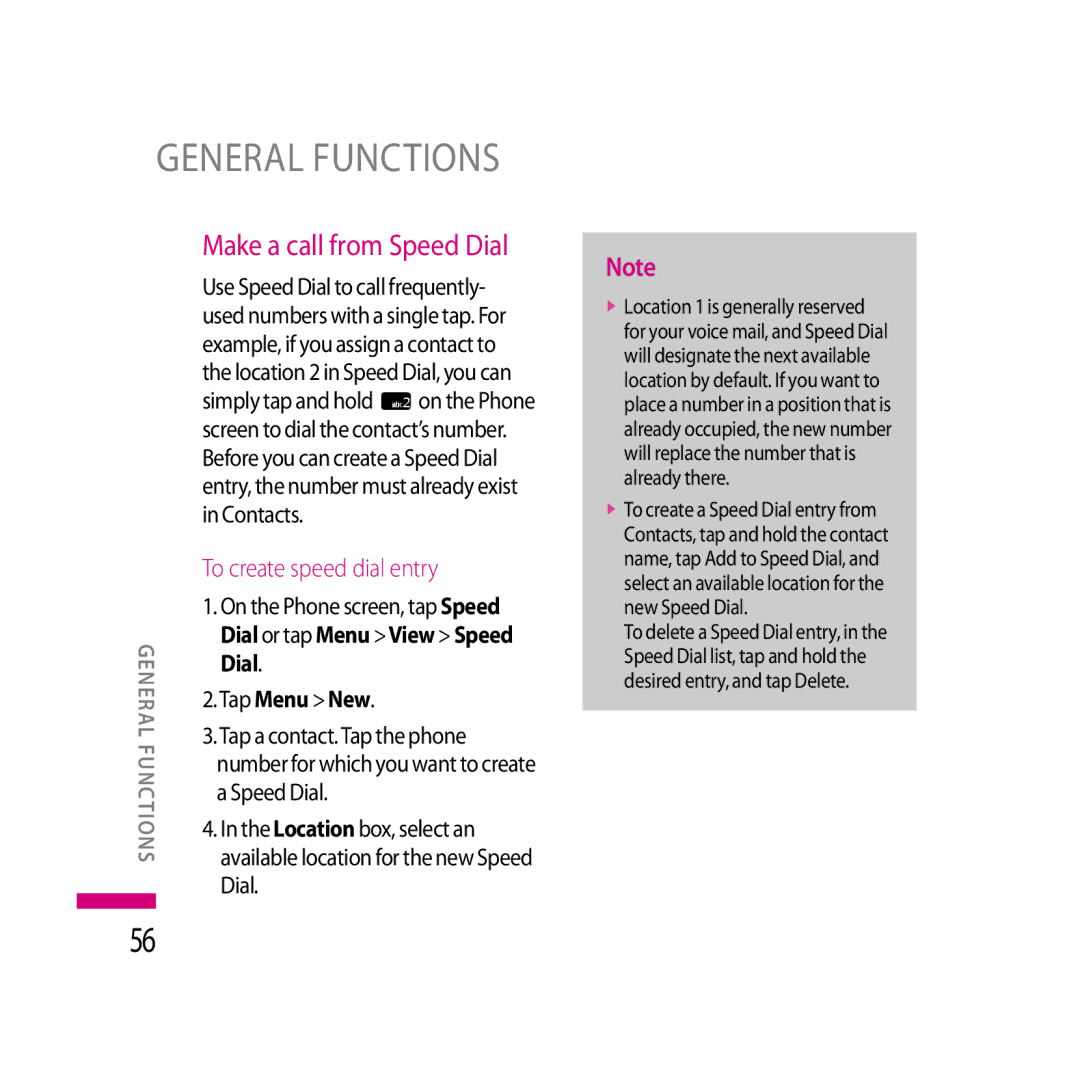 LG Electronics LG KS20 manual Make a call from Speed Dial, To create speed dial entry, Dial or tap Menu View Speed 