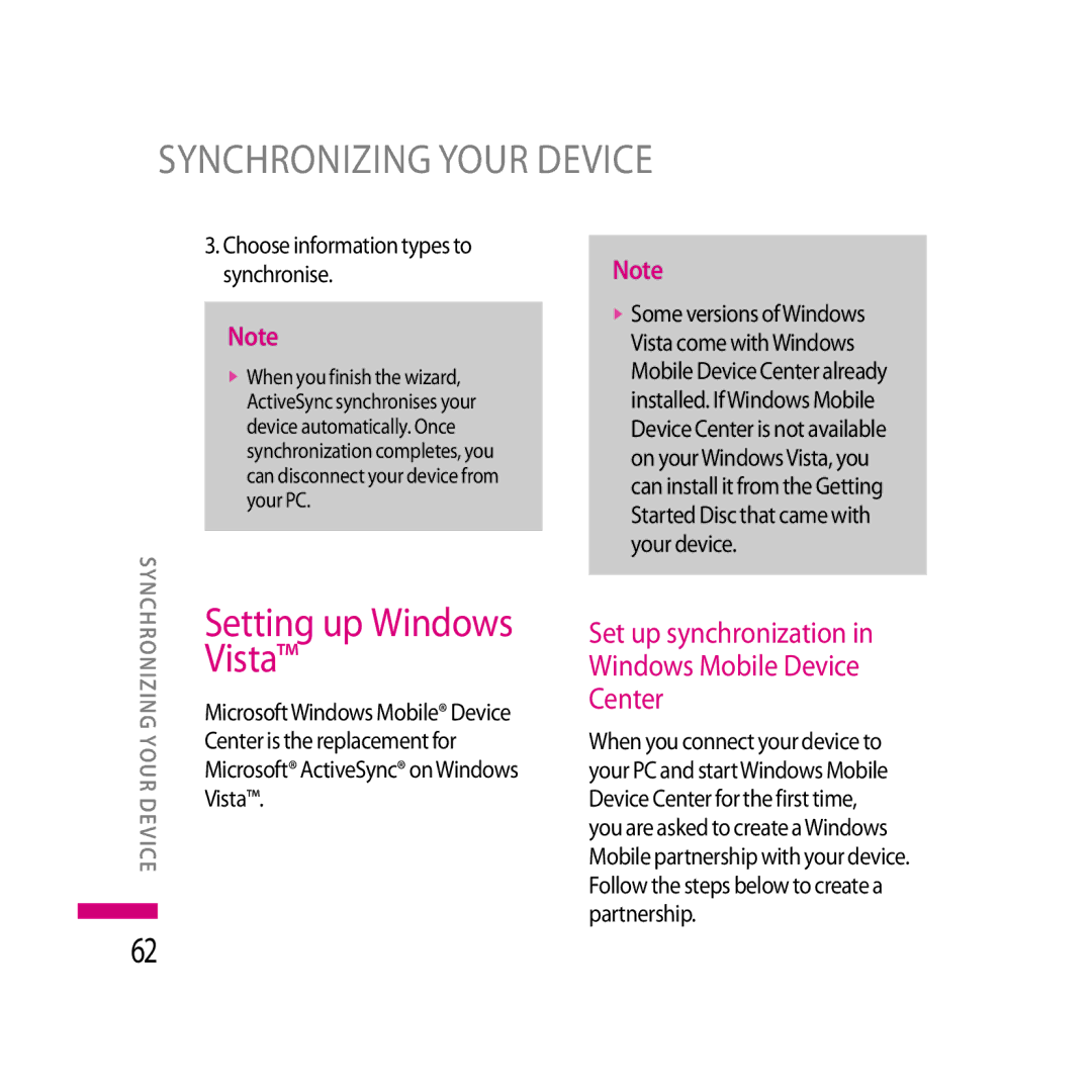 LG Electronics LG KS20 manual Setting up Windows Vista, Choose information types to synchronise 