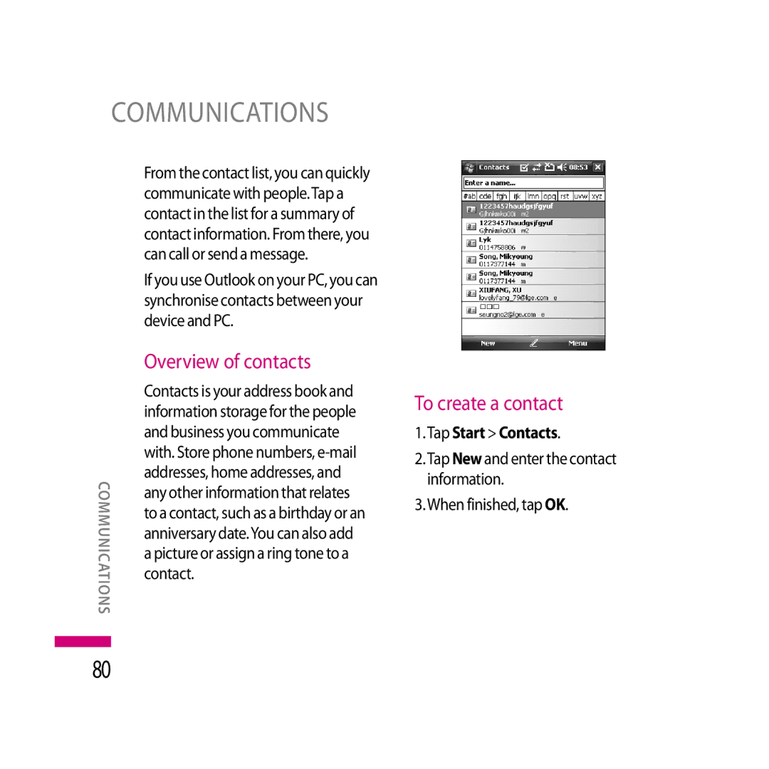 LG Electronics LG KS20 manual Overview of contacts, To create a contact, Tap Start Contacts 