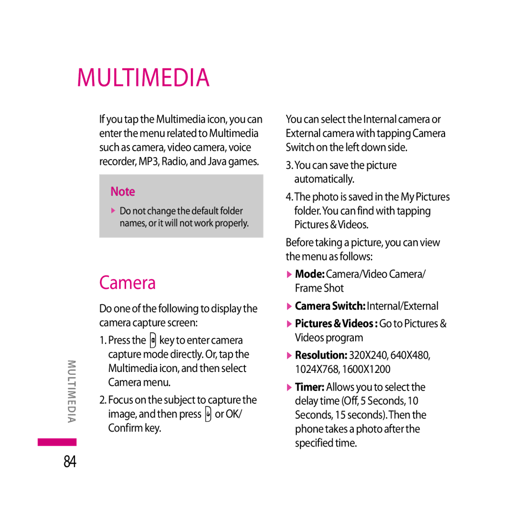 LG Electronics LG KS20 manual Multimedia, Camera menu, Confirm key, VPictures &Videos Go to Pictures & Videos program 