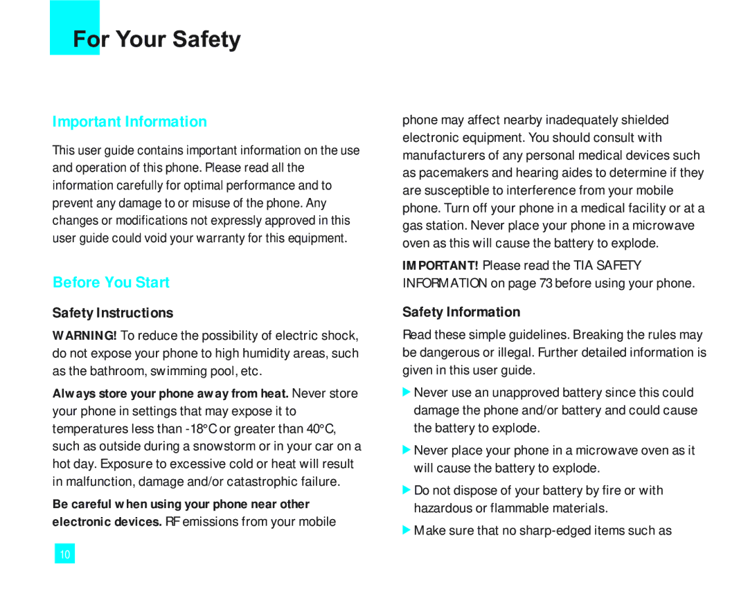 LG Electronics LG2000 manual For Your Safety, Safety Instructions, Safety Information 