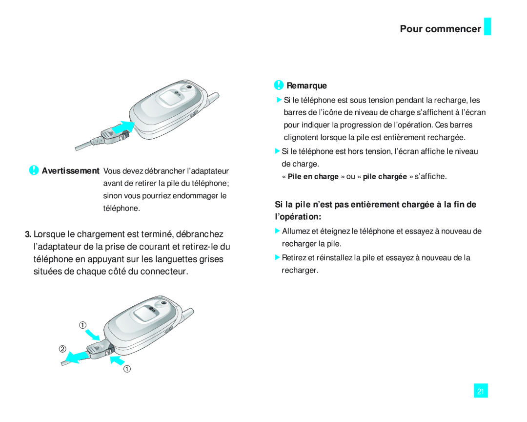 LG Electronics LG2000 manual Pour commencer Remarque 