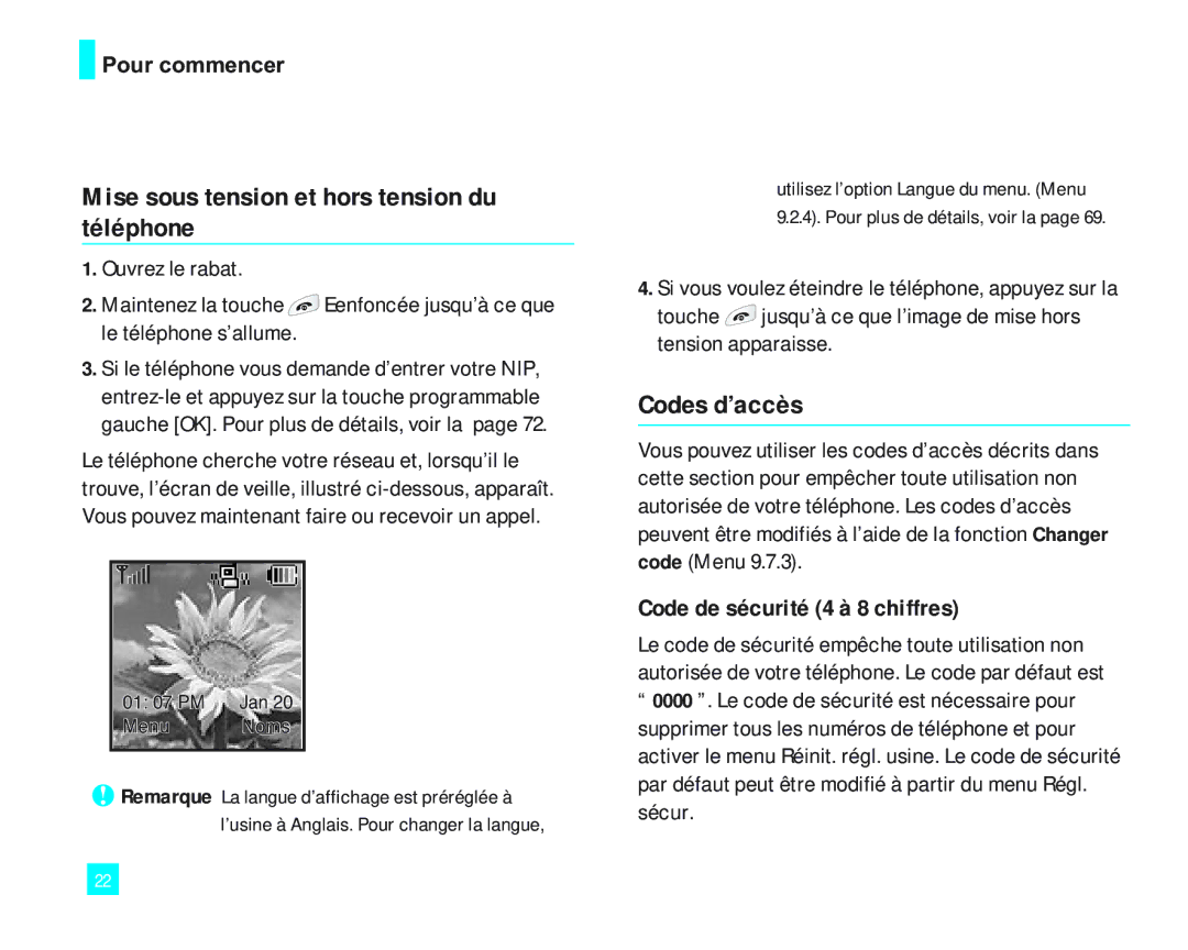 LG Electronics LG2000 manual Mise sous tension et hors tension du téléphone, Codes d’accès, Code de sécurité 4 à 8 chiffres 