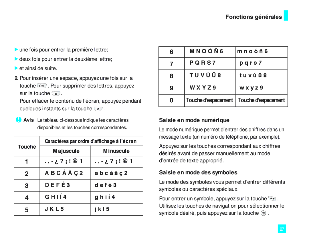 LG Electronics LG2000 manual Saisie en mode numérique, Saisie en mode des symboles 