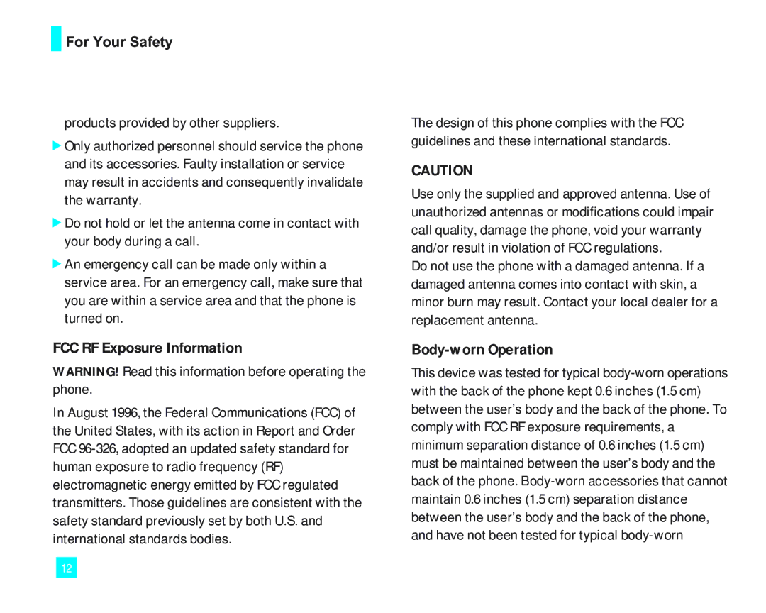 LG Electronics LG2000 manual FCC RF Exposure Information, Body-worn Operation 