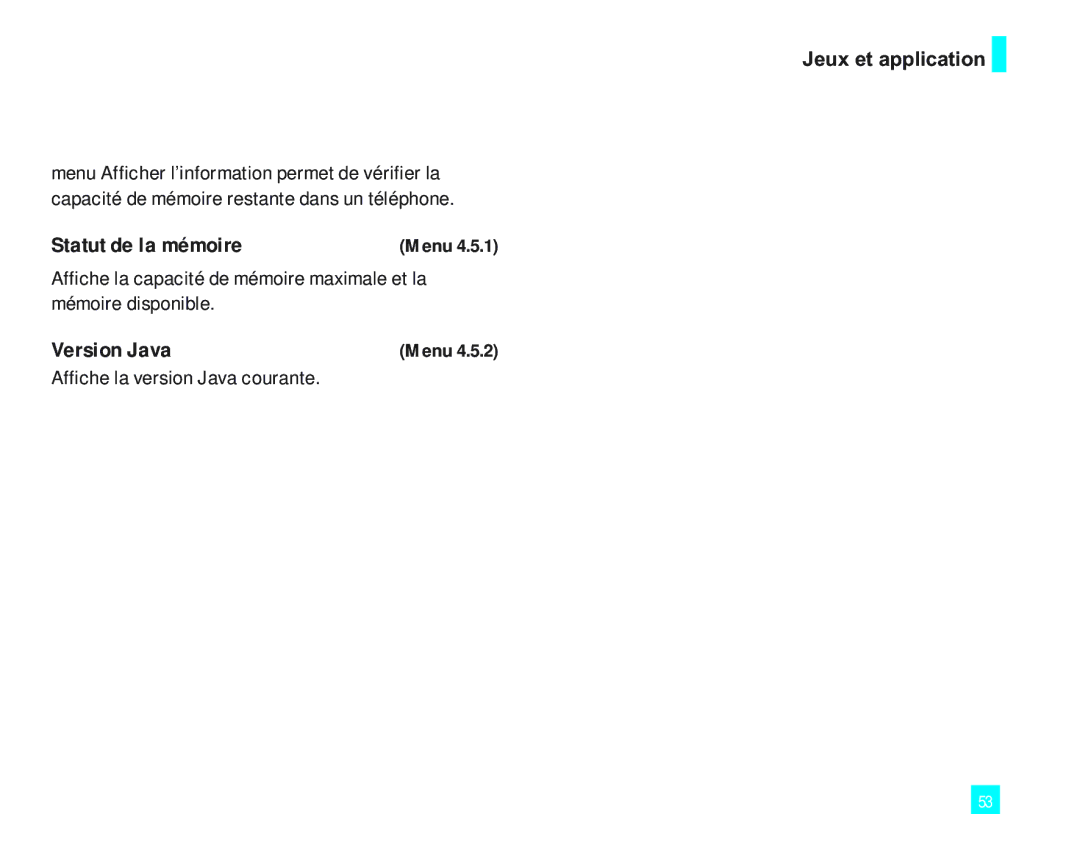 LG Electronics LG2000 manual Statut de la mémoire, Version Java, Affiche la capacité de mémoire maximale et la 