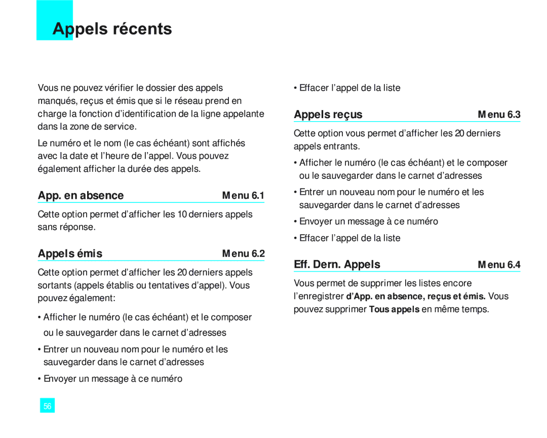 LG Electronics LG2000 manual Appels récents, App. en absence, Appels émis, Appels reçus, Eff. Dern. Appels 