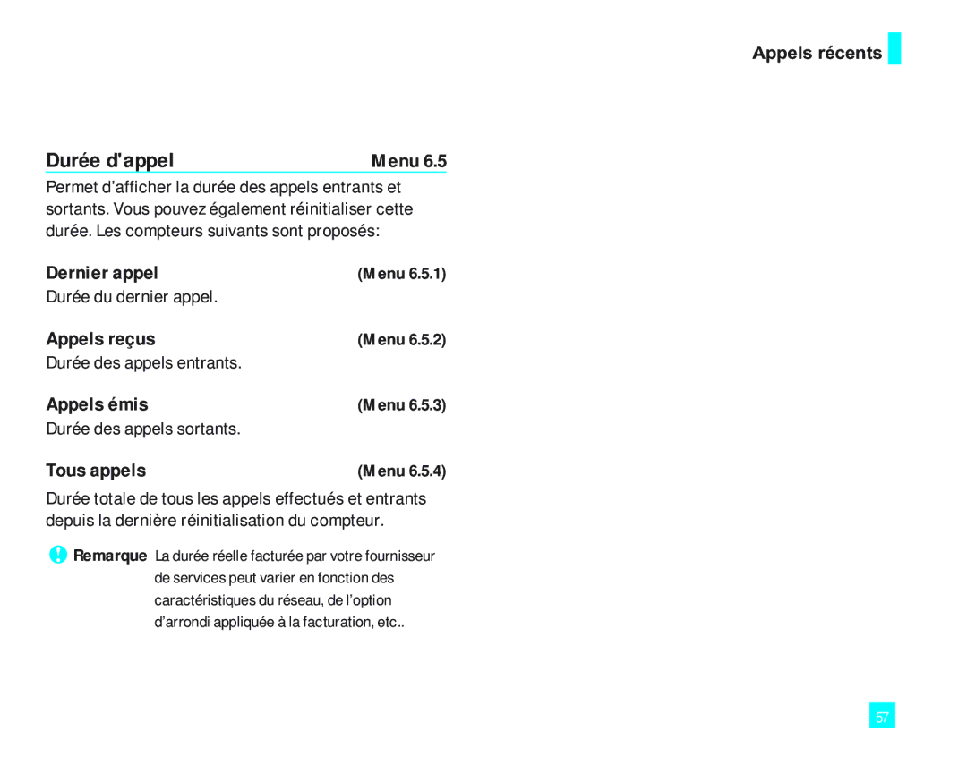 LG Electronics LG2000 manual Durée dappel, Dernier appel, Appels reçus, Appels émis, Tous appels 